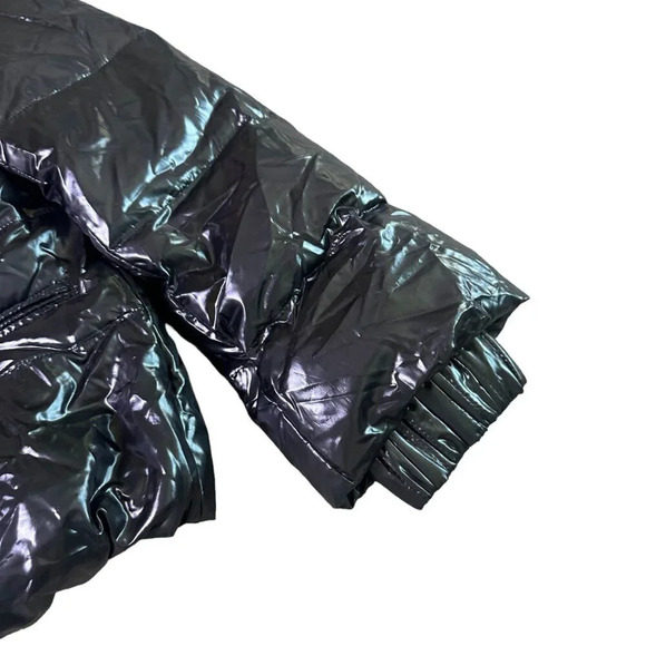 Duvetica Black Patent Real Down Coat Jacket Snap-Down Ruffle Rare Size Small 38 - Picture 3 of 16